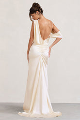 Cream Satin Asymmetric Draped Split Maxi Dress